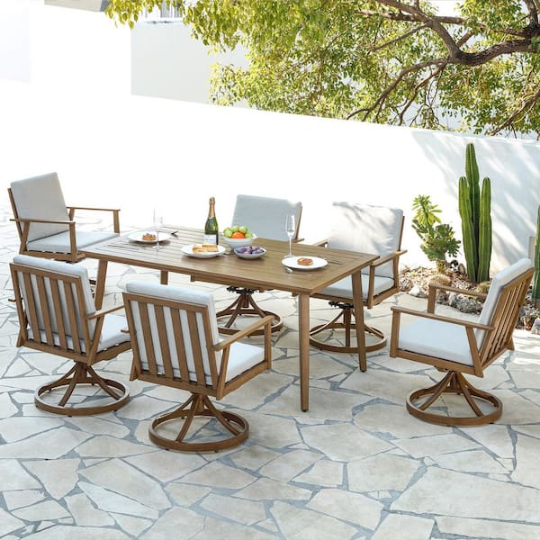 CikaCika Alulux Wood-Like 7-Piece Aluminum Outdoor Dining Set with 6 Swivel Chairs and White Cushions