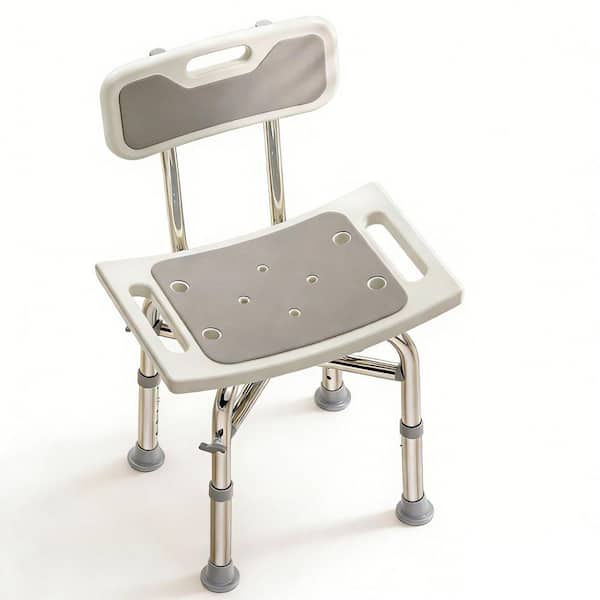 White Aluminum Shower Chair with Back for Elderly and Disabled, Shower Bench Stool, Adjustable Height, 350 lbs. Capacity