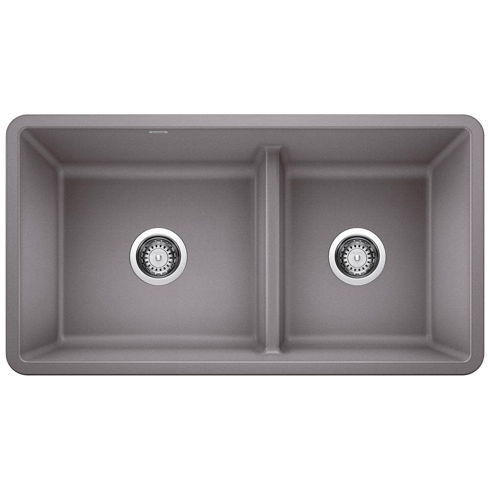 Blanco Precis SILGRANIT Gray Granite Composite 33 in. Double Bowl Undermount Kitchen Sink with Low Divide