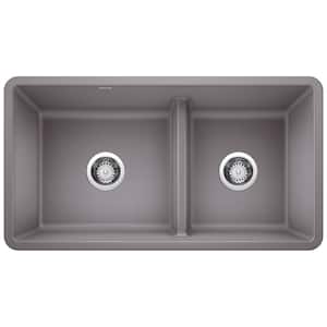 Precis SILGRANIT Gray Granite Composite 33 in. Double Bowl Undermount Kitchen Sink with Low Divide