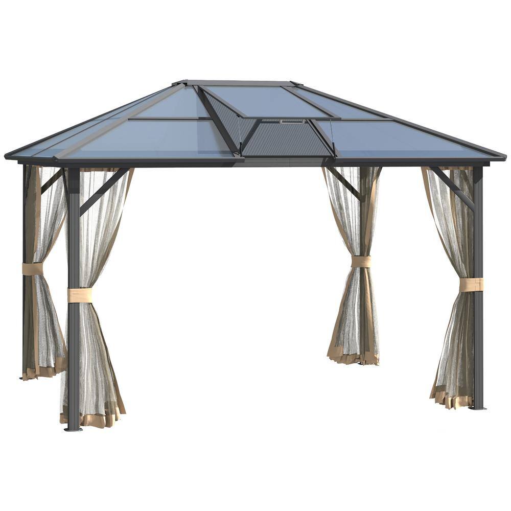 Gray Aluminum Frame Hardtop Gazebo with Polycarbonate Roof and Netting