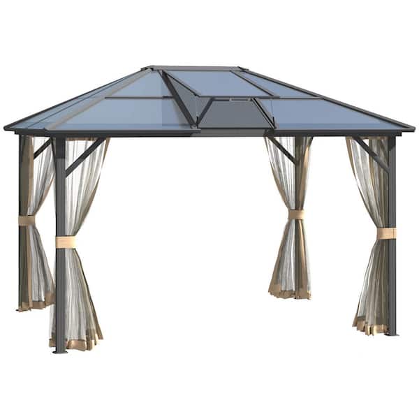 Zeus & Ruta 10 ft. x 12 ft. Hardtop Aluminum Gazebo Canopy in Gray with Polycarbonate Roof with Top Vent, Netting for Patio Garden