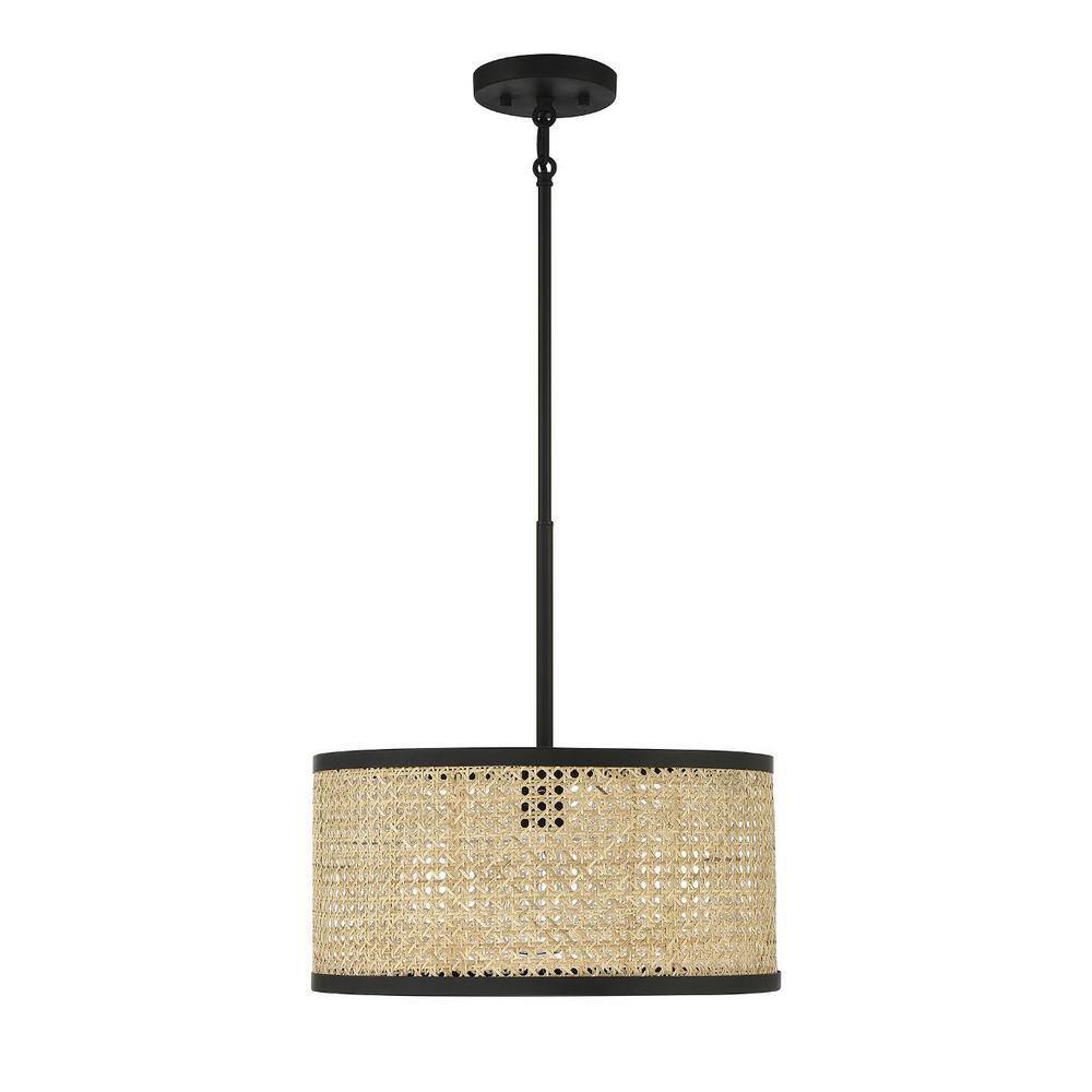 Mid-Century Modern Natural Cane & Matte Black 1-Light Pendant