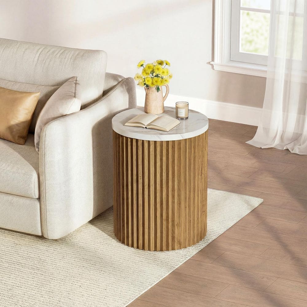 Kerlin 17.72 in. Brown Round Wood End Table Side Table Nightstand with Faux Marble Tabletop, Drum Shape and Fluted Base