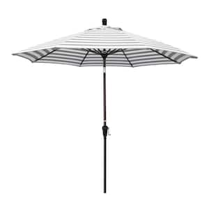 9 ft. Aluminum Market Auto Tilt Bronze Patio Umbrella in Gray White Cabana Stripe Olefin