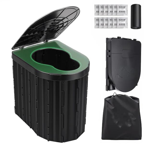 Non-electric Waterless Composting Toilet System Portable Folding Toilet with Lid Paper Holder for Camping Beach Black