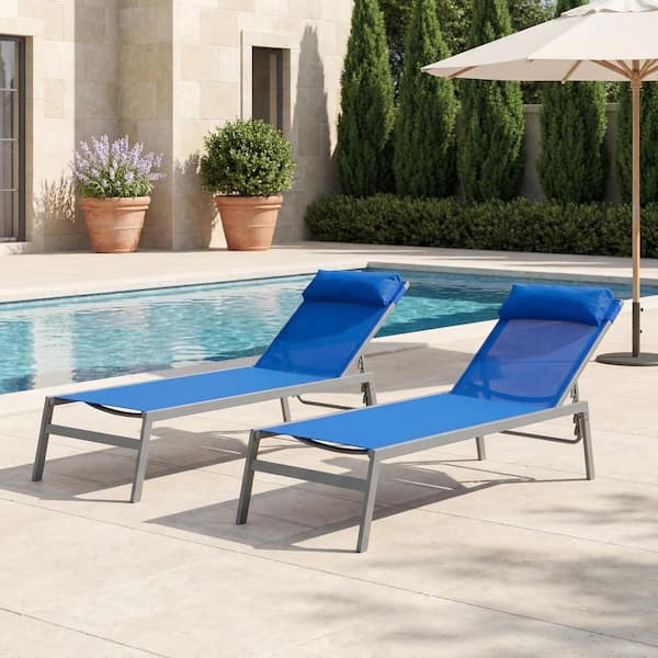 2 seat patio umbrella chair wrought iron KOZYARD Wilson Grey EDP Coated Wrought Iron Frame Breathable Blue Textilene  Seat Outdoor Chaise Lounge (2-Pack) KZL527BL2