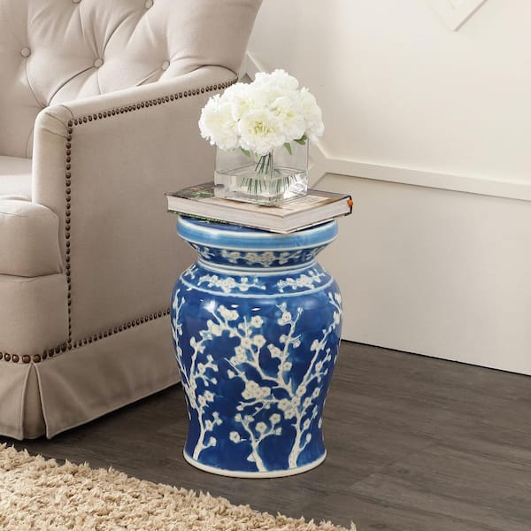 Cherry Blossom 17.75 in. Ceramic Garden Stool, Blue/White