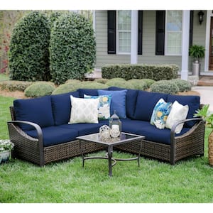 Trenton 4-Piece Wicker Outdoor Sectional Set with Navy Cushions