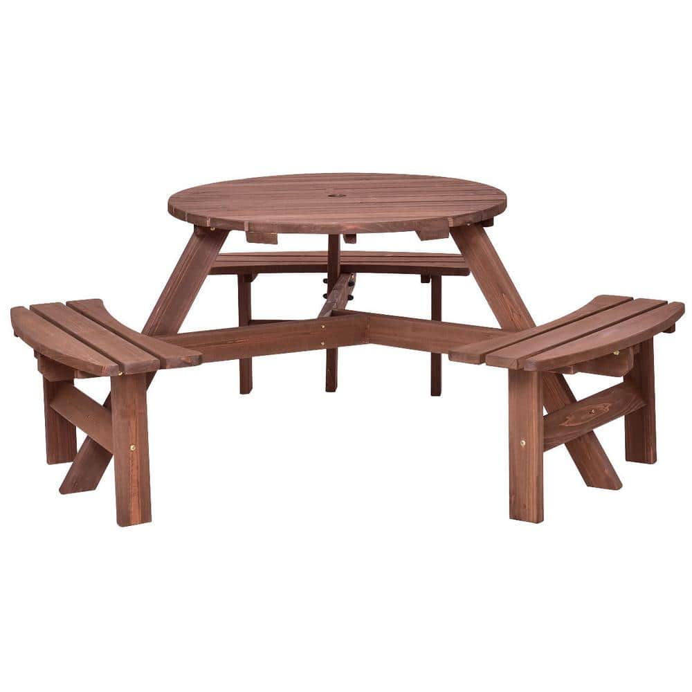 6-Person Dark Brown Fir Wood Picnic Table Set with Benches
