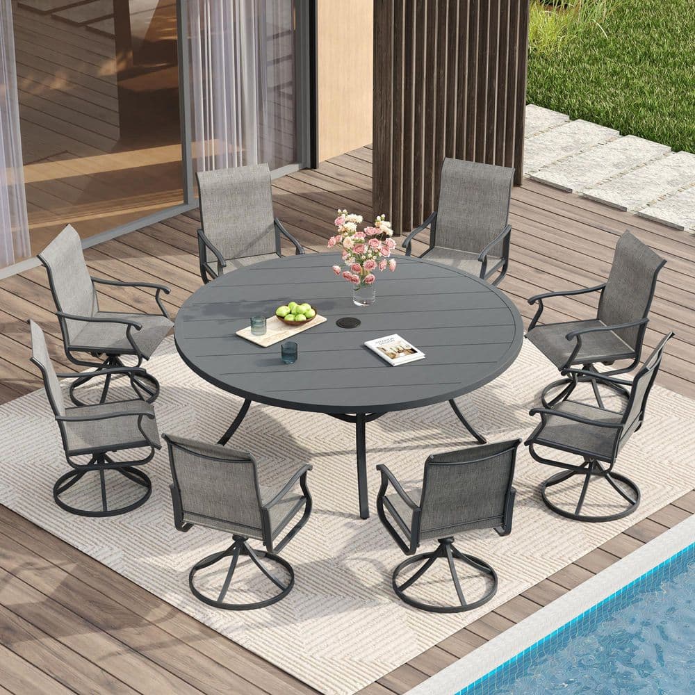 9 Pieces Metal Outdoor Patio Dining Set with 60 in. Grey Round Dining Table and 8 Grey Textilene Swivel Dining Chairs