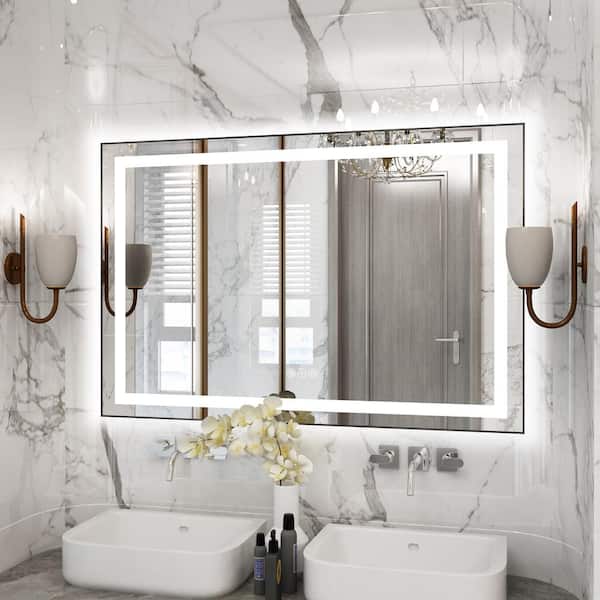 Hpeytaire 48 in. W. x 32 in. H Large Rectangular Framed Anti-Fog LED Light Wall Mounted Bathroom Vanity Mirror in Matte Black