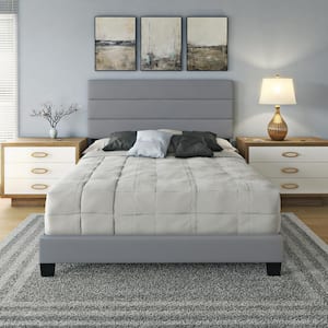 Piedmont Upholstered Faux Leather Tri Panel Channel Headboard Platform Bed Frame, King, Gray