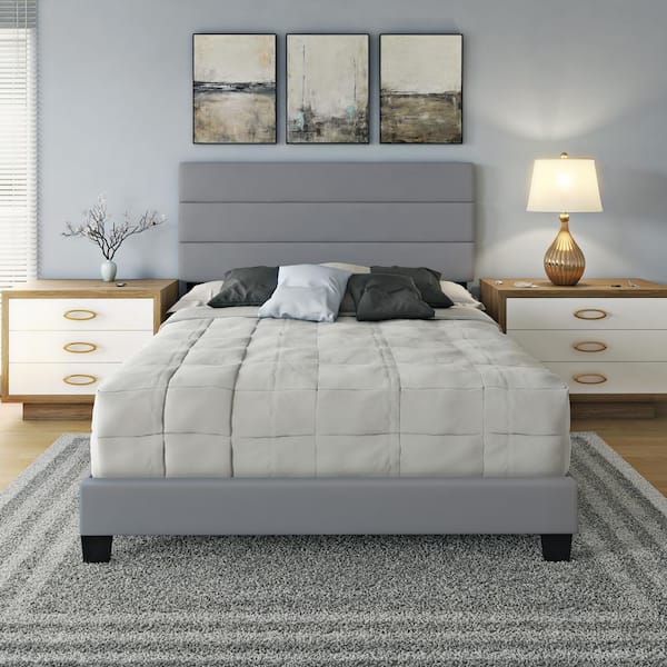 Piedmont Upholstered Faux Leather Headboard Tri-Panel Platform Bed, Queen, Gray