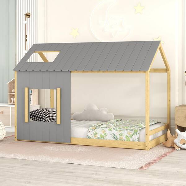 Harper & Bright Designs Gray and Natural Twin Wooden House Bed with Roof and Windows