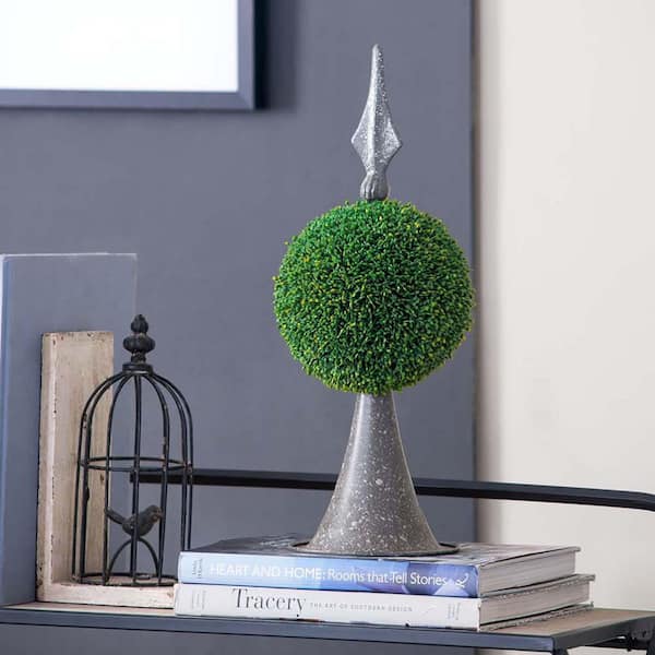 17 in. Green Indoor Succulent Artificial Plant, Faux Boxwood Topiary Sphere on Metal Spire