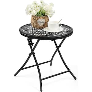 17.7 in. Round Metal Folding Outdoor Side Tables with Flower Cutouts in Black