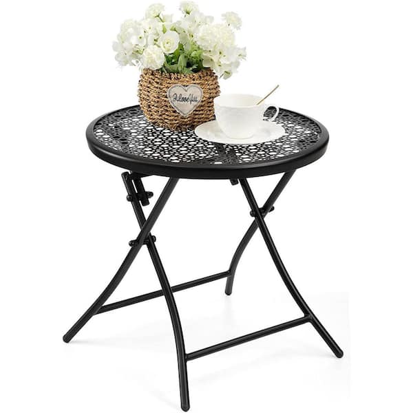 Dyiom 17.7 in. Round Metal Folding Outdoor Side Tables with Flower Cutouts in Black