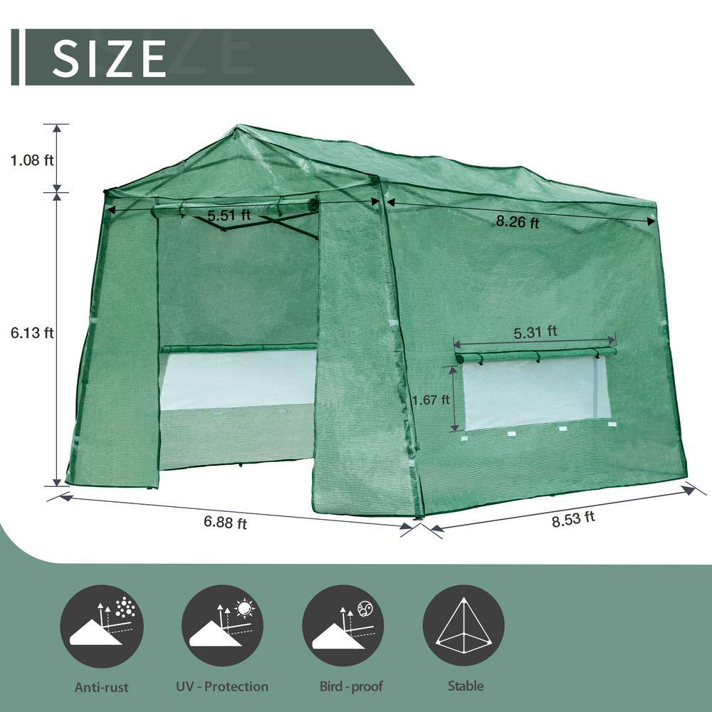 Green 7 ft x 8.5 ft PE Pop-Up Walk-In Greenhouse with Roll-Up Windows