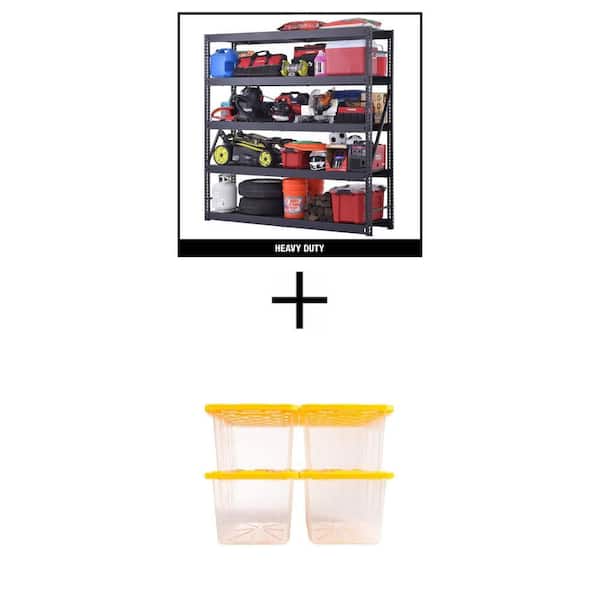 5-Shelf Metal Industrial Shelving Unit (90 in.x90 in.x24 in.) with 27 Gal. Clear/Yellow Storage Totes (4-Pack)