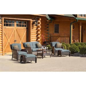 Strathmere 6-Piece All-Weather Wicker Patio Deep Seating Set with Ocean Blue Cushions, 4 Pillows, Coffee Table
