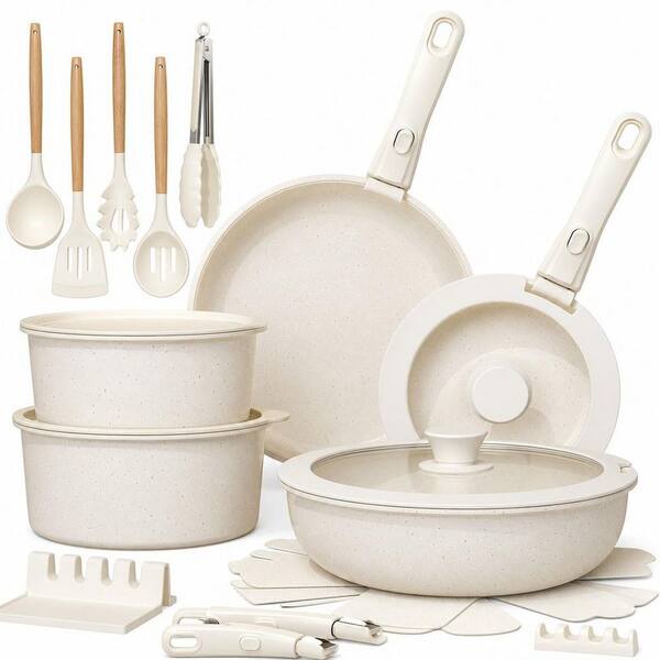 21-Piece Cream White Ceramic Non-Stick Cookware Pots and Pans Set, Detachable Handle Oven Safe Induction Ready Stackable