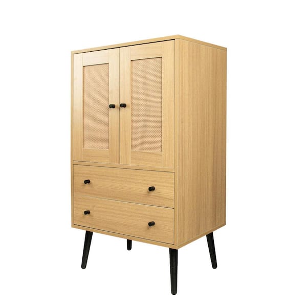 mieres Grondin Mid-Century Modern Boho Style Natural Accent Cabinet with 2 Woven Rattan Doors and 2 Drawers