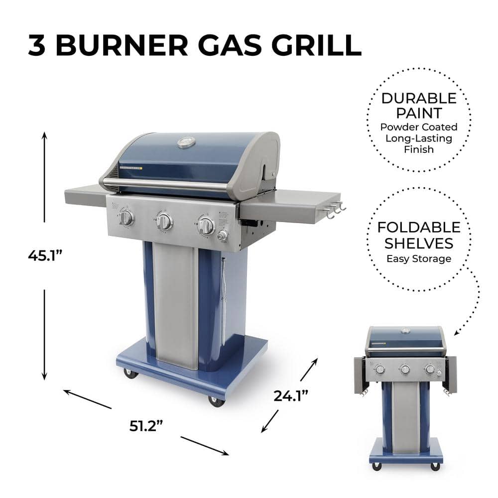 Azure Blue Compact 3-Burner Propane Gas Grill with Foldable Side Tables