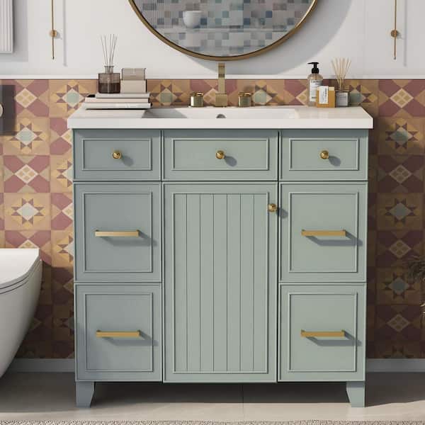 Zeus & Ruta 36 in. W x 18 in. D x 34 in. H Freestanding Bath Vanity in Green with White Resin Single Sink and 3-Drawers