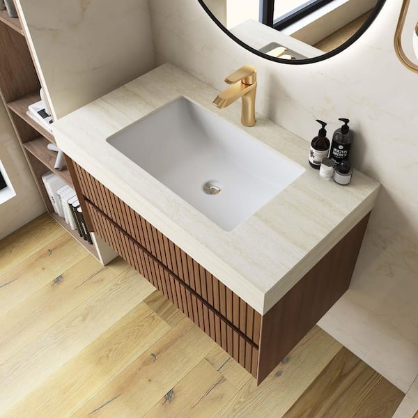 Yingze 36 in. Wall-Mounted Single Sink Brown Oak Bath Vanity with