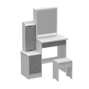4-Drawers Gray Wood Dresser Dressing Table Sets with Push Pull Big Mirror, Storage Shelves and Stool