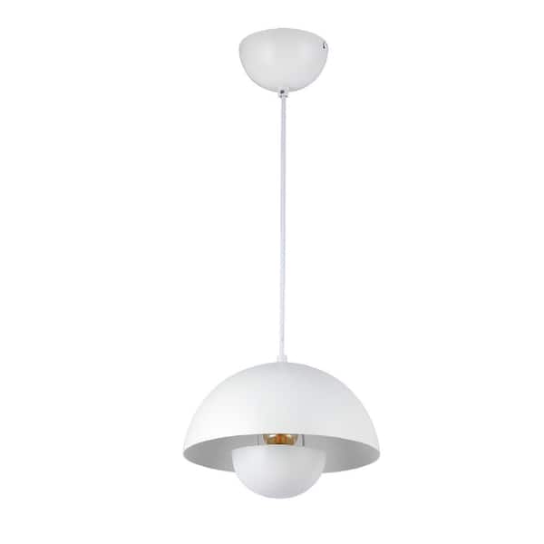 9 in. 1-Light Dome Pendant Light for Kitchen Island with White Metal Shade, Industrial Adjustable Height Chandelier