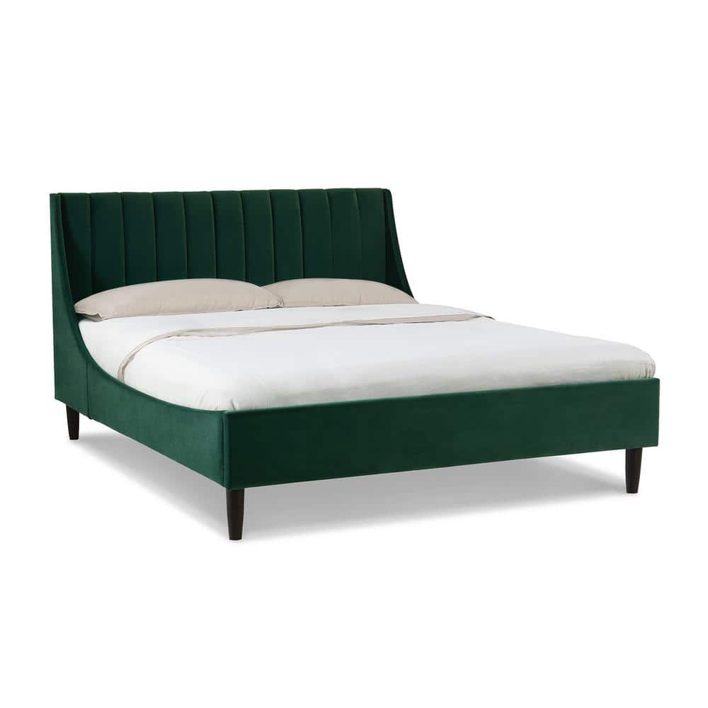 Aspen Medium Evergreen Velvet Tufted Queen Platform Bed with Pine Frame