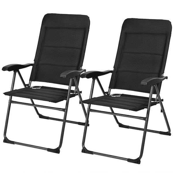 ANGELES HOME 2 Piece Black Steel Folding Patio Lawn Chair, Adjustable Backrest, Breathable