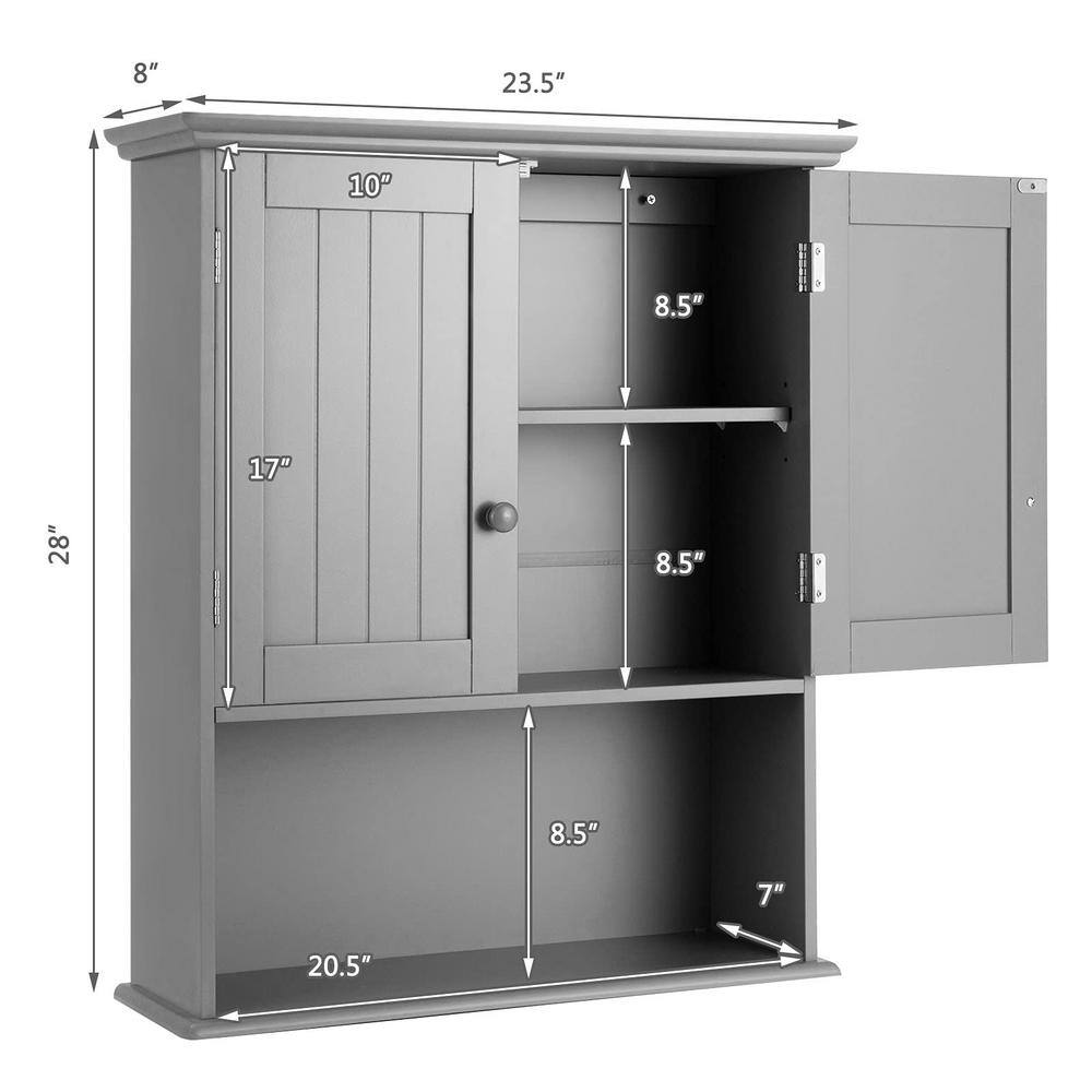 Gray MDF and Particle Board Bathroom Storage Wall Cabinet with 2 Doors and 3 Shelves