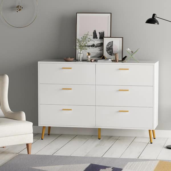 6-Drawers White Wood Dresser Storage Cabinet Organizer With Metal Leg 54 in. W x 15.6 in. D x 30.1 in. H