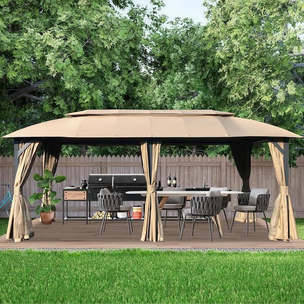 Mondawe 10 ft. x 20 ft. Dark Gray Steel Frame Outdoor Patio Double Canopy Gazebo with Brown Curtains and Mosquito Net
