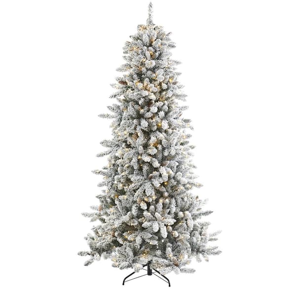 Nearly Natural 7.5 ft. Pre-Lit Flocked Livingston Fir Artificial Christmas Tree with Pine Cones and 500 Clear Warm LED Lights