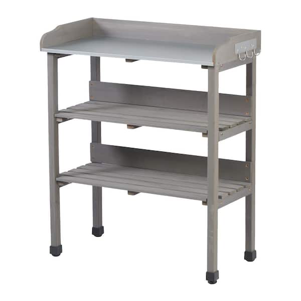 3-Tier Gray Solid Wood Outdoor Garden Plant Stand with Metal Tabletop and Hook (30 in. H W x 35.5 in. H)