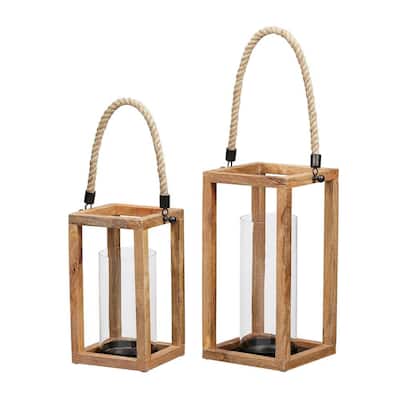 Natural Wood Lantern Candle Holder - Hanging or Tabletop with Rope Handle (Set of 2)