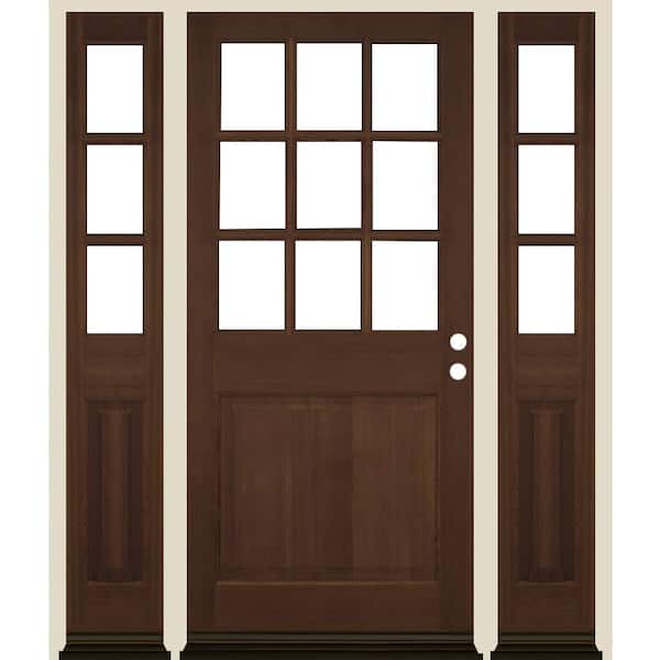 Krosswood Doors 64 in. x 80 in. Farmhouse 9-Lite Clear Glass Left Hand Provincial Stain Hemlock Wood Prehung Front Door w/ DSL