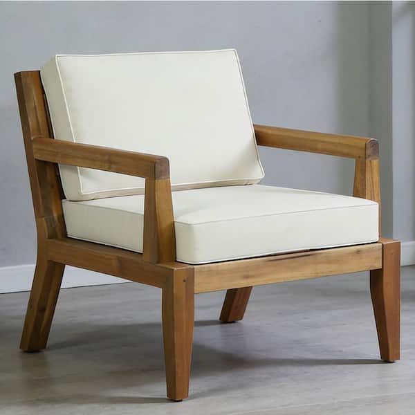 Light Teak Acacia Wood Outdoor Lounge Chair with Beige Cushions
