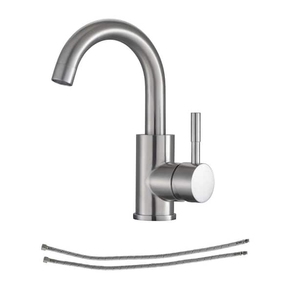 Logmey Bar Sink Faucet Single-Handle Single Hole Bathroom Faucet with Deck Plate and Hose in Brushed Nickel