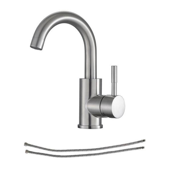 Logmey Bar Sink Faucet Single-Handle Single Hole Bathroom Faucet with Deck Plate and Hose in Brushed Nickel