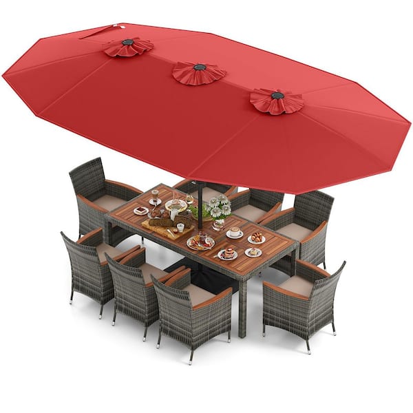ANGELES HOME 10-Piece Patio Wicker Outdoor Dining Set with Wine 15 ft. Double-Sided Patio Umbrella, Beige Cushions
