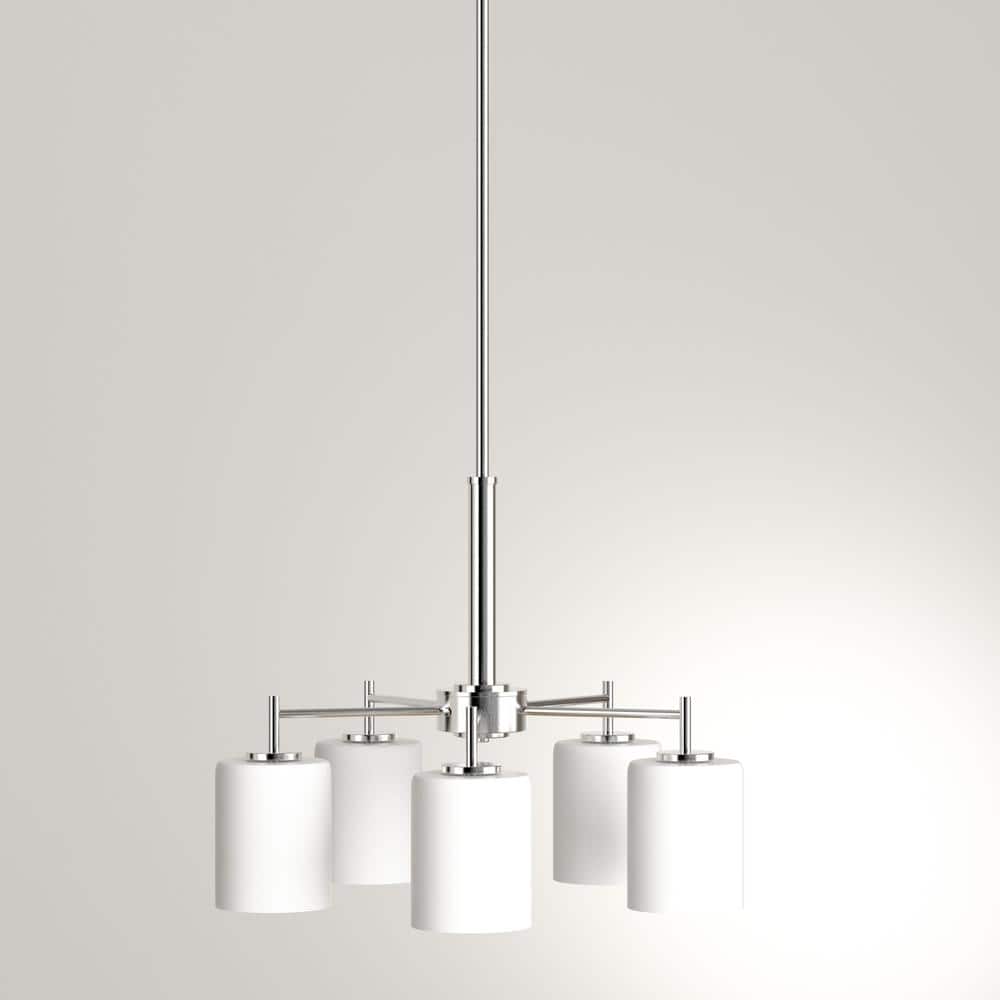 Polished Nickel 5-Light Chandelier with White Glass Shades