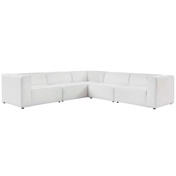 Mingle 5-Piece White Faux Leather L-Shaped Symmetrical Sectional Sofa with Elegant Trim Piping
