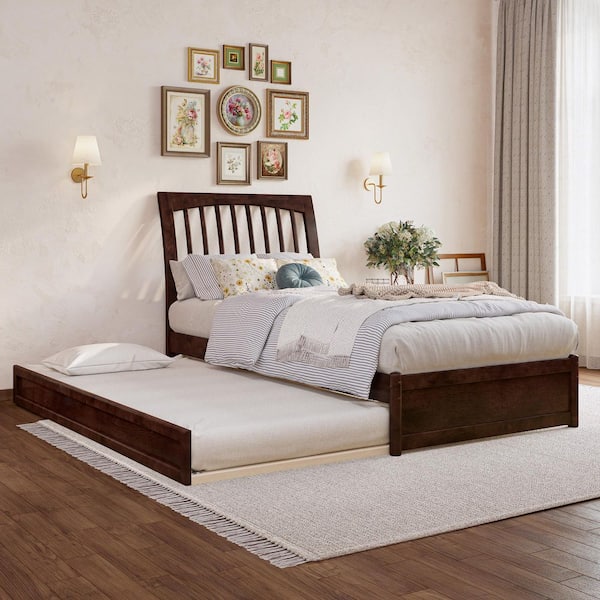 AFI Roslyn Walnut Brown Solid Wood Frame Twin XL Platform Bed with Panel Footboard and Twin XL Trundle