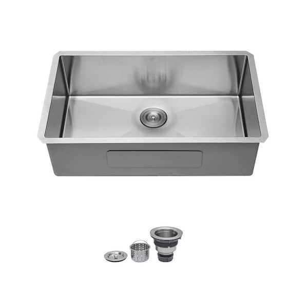 33 in. Undermount Single Bowl 16 Gauge Brushed Nickel Stainless Steel Kitchen Sink with Drain Assembly