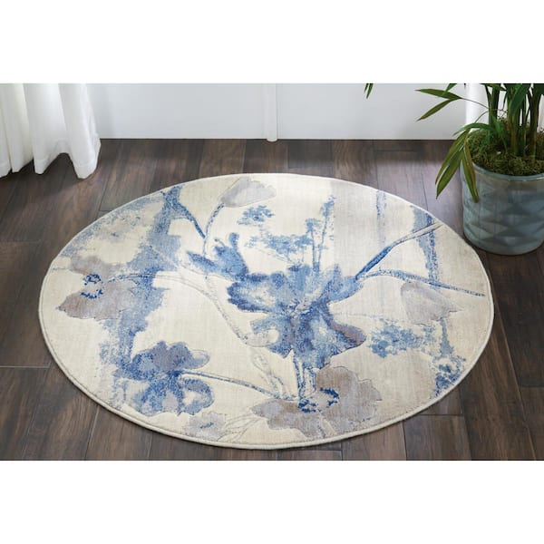 Somerset Ivory/Blue 4 ft. x 4 ft. Floral Contemporary Round Area Rug